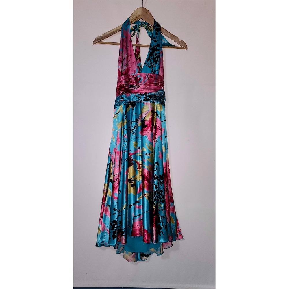 Adrianna Papell Occasions Womens 14 Silk Floral Halter High Low Dress Blue Pink